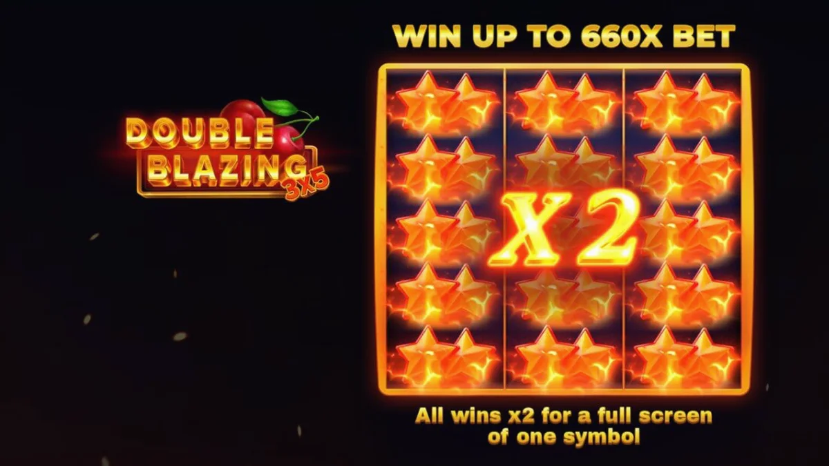 Interface do jogo de slot 3x5 Double Blazing com símbolos de frutas em chamas