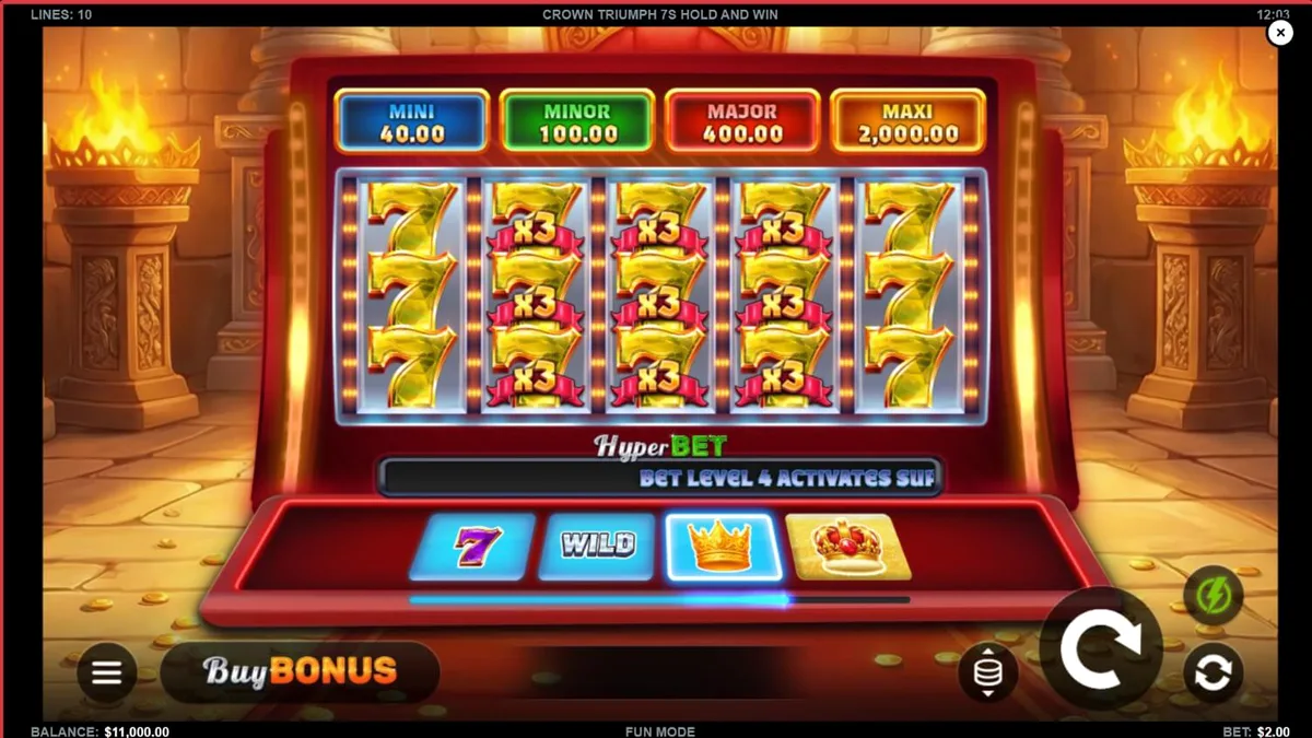 Interface do slot Crown Triumph 7s Hold and Win com símbolos clássicos e design luxuoso